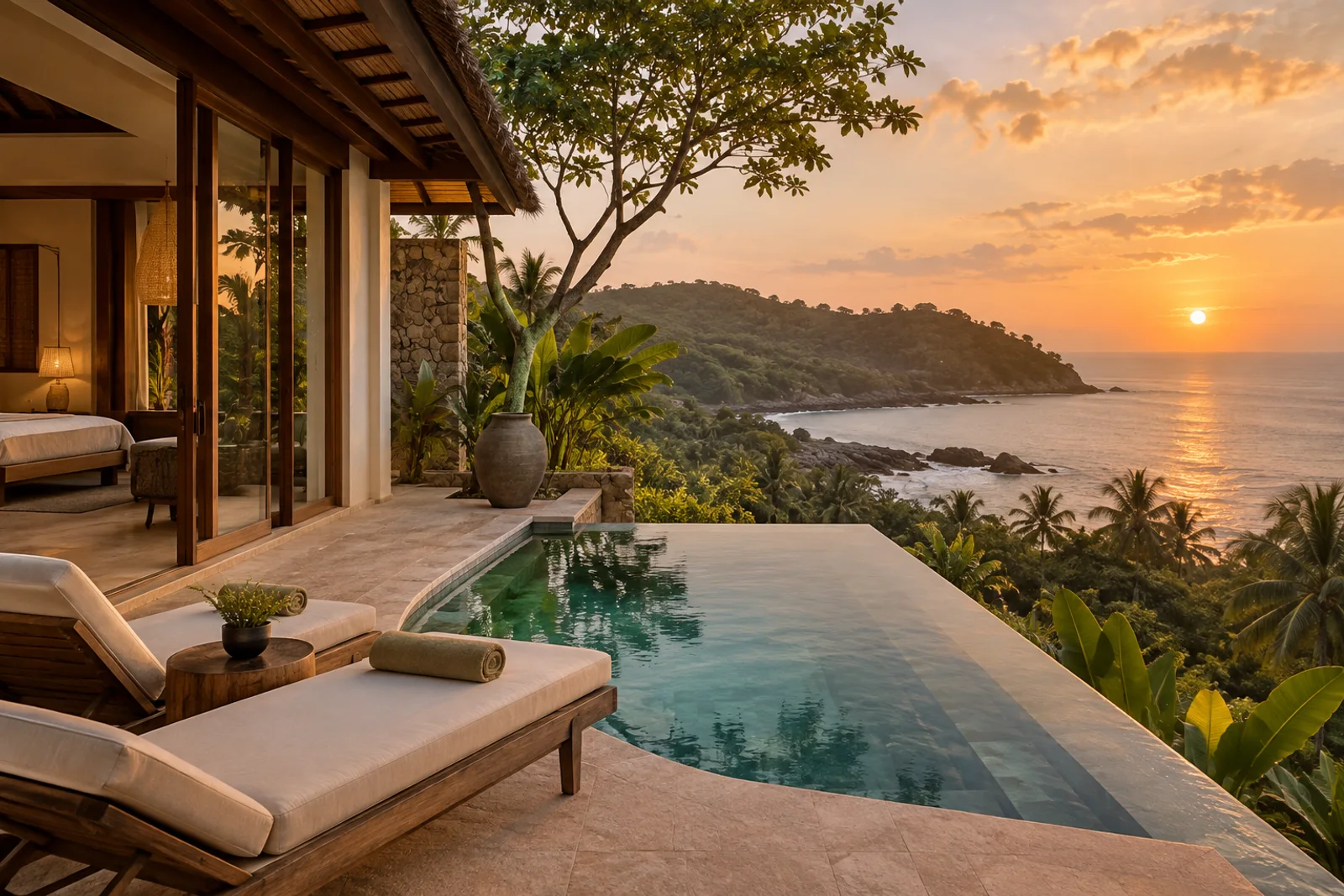An intimate private villa overlooking the coast at sunset